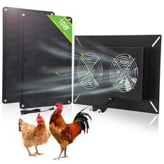 two chickens standing next to each other in front of a solar panel with fan blades on it