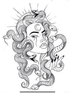 medusa with snakes on her head and the word medusa written in black ink