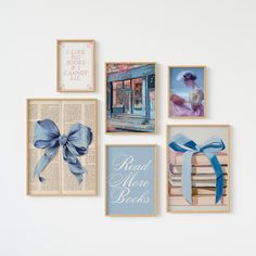 four framed pictures hang on the wall next to each other with blue ribbons and bows