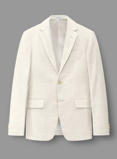 Indulge in the exquisite craftsmanship of this outstanding Loro Piana Bianchi Wool Silk Linen Jacket, designed for a man of discerning taste. Meticulously woven from premium wool, silk, and linen, it offers a luxuriously smooth texture with a subtle sheen, ensuring both comfort and elegance. This impeccably tailored jacket, featuring a solid pattern and a beige hue, provides versatility and a refined look suitable for various occasions. It effortlessly transitions from professional settings to formal events with seamless elegance.    A marriage of elegance and comfort, Loro Piana fabrics are made using the highest quality raw materials in the world, in their purest form or blended together. A sophisticated response to the dictates of contemporary elegance, these fabrics lend themselves to Elegant White Tweed Jacket For Business, Luxury Beige Suits For Spring, Luxury Tweed Jacket With Lapel Collar, Elegant Tailored Cream Tweed Jacket, Luxury White Tweed Jacket, Classic White Wool Tweed Jacket, Elegant Beige Nehru Jacket With Long Sleeves, Timeless Linen Outerwear With Suit Collar, Elegant Cream Single Breasted Tweed Jacket