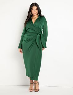 Satin Maxi Wrap Dress | Women's Plus Size Dresses | ELOQUII Plus Size Silk Dress Formal, Plus Size Velvet Wrap Dress, Long Sleeve Wrap Dress Plus Size, Wedding Guest Jacket Over Dress Satin, Large Size Dresses Classy, Dress Wrap Formal, Satin Dresses Plus Size Formal, Emerald Green Silk Dress Plus Size, Plus Size Womens Wrap Dress