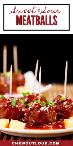 meatballs with toothpicks and cheese are on a white plate that has text overlay