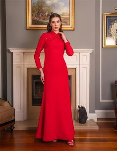 Step into sophistication with this stunning red evening gown, designed to make a statement. The gown features exquisite embellishments along the shoulders and neckline, adding a touch of sparkle to the sleek, fitted silhouette. The long sleeves and elegant floor-length design create a timeless look that is perfect for formal events, galas, or any occasion where you want to shine. Crafted with attention to detail, this dress ensures you stand out with grace and style. Pair it with your favorite a Red Evening Gown, Modest Evening Dress, Elegant Red, Fitted Silhouette, To Shine, Evening Gown, Formal Event, Evening Gowns, Floor Length