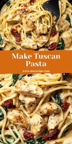 pasta with chicken, spinach and sun dried tomatoes in a creamy sauce that is ready to be eaten