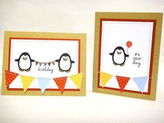 two cards with penguins and bunting flags on them