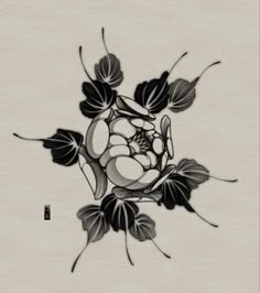 black and white drawing of flowers with leaves on the bottom half of each flower,