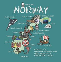 an illustrated map of the united states with words and pictures on it that say, norway