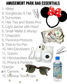 an amusement park bag essentials list with sunglasses, camera, money and other items