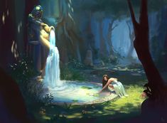 a woman kneeling down next to a waterfall in the forest with an ancient statue behind her