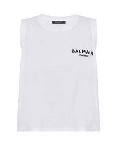 Balmain flocked tank top, white Athleisure Cotton Tank T-shirt, Cotton Tank T-shirt For Athleisure, Casual Sleeveless T-shirt With Logo Print, Summer Crew Neck Athleisure Tank Top, Cotton Tank Tops Athleisure Style, Summer Graphic Print Muscle Tee In Athleisure Style, Spring Cotton Tops With Logo Detail, Summer Muscle Tee With Graphic Print In Athleisure Style, Summer Athleisure Muscle Tee With Graphic Print