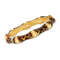 Ross-Simons - Italian Leopard-Print Enamel Bamboo-Style Bangle Bracelet Over Sterling. 7". Show your wild side with this on-trend bracelet. Crafted in Italy, the easy-to-wear bangle boasts a bamboo design with leopard-print enamel in polished 18kt yellow gold over sterling silver. Figure 8 safety. Hinged, leopard-print enamel bangle bracelet. Jewelry Presentation, Twisted Bangle, Trending Bracelets, Glass Drop Earrings, Bamboo Design, Enamel Bangle, Jewelry Accessories Ideas, Printed Jewelry, Fine Jewelery