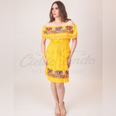 Beautifully Embroidered Dress, Handcrafted By Mexican Artisans. Features Comfortable Off The Shoulder Neckline With An Elastic Band With Shiny Silk Colorful Floral Embroidery. Perfect To Wear On A Mexican Themed Party, Mexican Fiesta, Or Just Because It Is Great To Wear A One Of A Kind Garment That Was Carefully Handmade With Love One By One, So Many Hours Behind Every Piece! Fits Also Into The Boho Style Or The Southwestern Look With A Very Cute And Romantic Vibe. Any Accessories Shown Are Sold Yellow Embroidered Dress For Vacation, Embroidered Yellow Beach Dress, Yellow Embroidered Dress For Summer, Yellow Beach Dress With Floral Embroidery, Yellow Embroidered Dress With Short Sleeves For Summer, Casual Embroidered Dresses For Fiesta, Yellow Embroidered Hem Dress For Summer, Yellow Summer Dresses With Embroidered Hem, Embroidered Vacation Dress For Fiesta