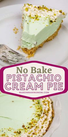 no bake pistachio cream pie on a white plate with a pink border