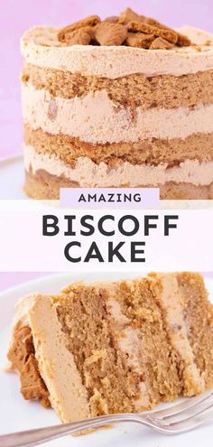 a close up of a piece of cake on a plate with the words amazing biscoff cake