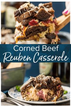 the recipe for corned beef reuben casserole is shown in three different pictures