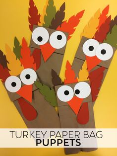 turkey paper bag puppets with the words turkey paper bag puppets on it and an orange background