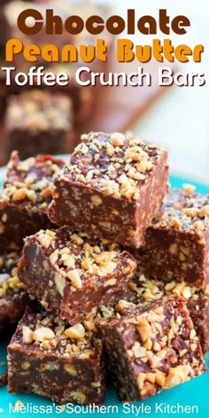 chocolate peanut butter toffee crunch bar on a blue plate