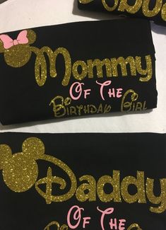 two black and gold mickey mouse bags with the words mommy of the birthday girl on them