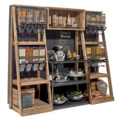 a wooden shelf filled with lots of food