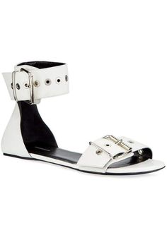 Elongated square open toe.Square counter at backBelt straps with functional buckles0.2" flat heel.Buckle detail at toe and ankle.Leather lining.Made in Italy Designer Square Toe Sandals With Buckle, Designer Square Toe Sandals With Buckle Closure, Designer Sandals With Buckle Closure And Square Toe, Balenciaga Belt, Sandal Online, Ankle Strap Sandals, Strap Sandals, White Leather, The Fashion