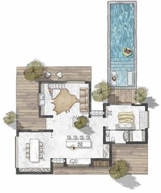 an overhead view of a floor plan for a house with swimming pool and outdoor furniture