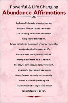 Money Affirmations I Attract Abundance, Life Changing Affirmations, Money Manifestation Affirmations, I Am Abundant, Wellbeing Tips, Manifestation Prayer, Positive Affirmations For Success, Attracting Money, Money Affirmation