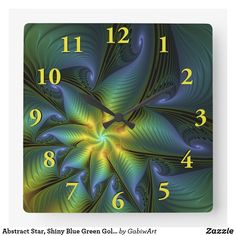 a square clock with green and blue swirls