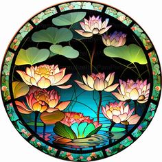 a stained glass window with water lilies and lily pads