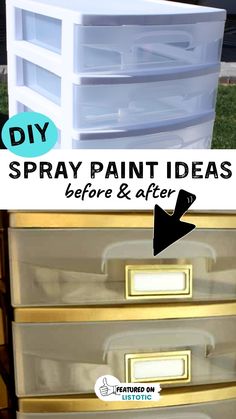 an old dresser has been painted white and gold with black lettering that says diy spray paint ideas before & after