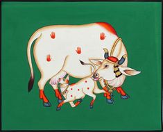 a painting of two cows and a baby cow on a green background