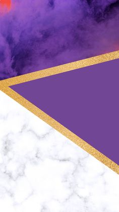 a purple and gold triangle on a white marble surface with pink clouds in the background