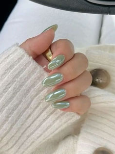 prom nails: light green chrome Light Green Metallic Nails, Chrome Nails Sage Green, Pistachio Chrome Nails, Pearly Green Nails, Full Chrome Nails, Green Chrome Almond Nails, Sage Green Chrome Nails, Green Pearl Nails