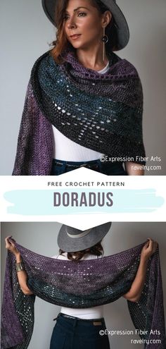 a woman wearing a hat and scarf with the text free crochet pattern doradus