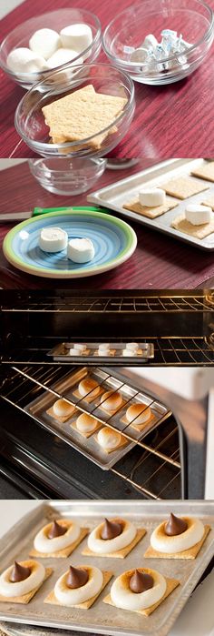 there are many desserts baking in the oven