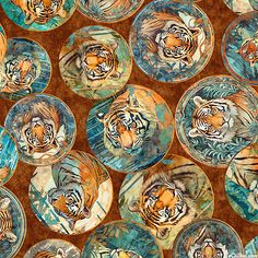 an abstract painting of tigers on brown and blue circles with watercolor paint effect in the middle