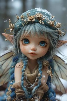 a close up of a doll with blue eyes and hair wearing a fairy costume, sitting in the snow