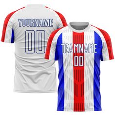 a soccer jersey with the name team name on it and an image of a red, white