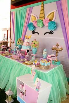 a table topped with lots of cakes and desserts