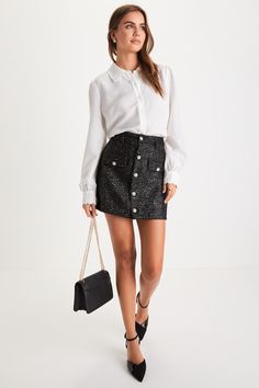 The Lulus Posh Reputation Black Tweed Rhinestone Button-Front Mini Skirt is here to make sure everyone knows that you're at the top of the style game! Woven tweed fabric, with glossy beige threading, black tinsel-like detailing, and gold sequins throughout, shapes this chic skirt that has a high-rise fit and a banded waist with belt loops. The A-line silhouette features decorative flap pockets with sparkling rhinestone buttons and a matching, functional button placket that meets the cute mini he Black Tweed Skirt Outfit, Tweed Skirt Outfit, Black Tweed Skirt, Black Tweed Dress, Black Skirt Outfits, Button Front Mini Skirt, Chic Skirt, Chic Skirts, Lulu Fashion