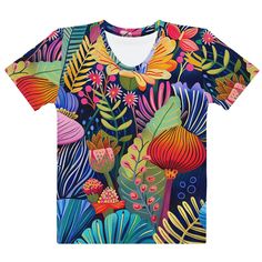 Get to know your new favorite tee—it's super smooth, super comfortable, and made from a cotton touch polyester jersey that won't fade after washing, now offering FREE SHIPPING to the US, Canada, EU, and UK! The artwork This artwork is a vivid and richly detailed depiction of a variety of African flowers, showcasing a tapestry of vibrant colors and intricate patterns. The piece features a dynamic assortment of floral elements, including large, bold blossoms and delicate foliage, all set against a Multicolor Floral Print Crew Neck T-shirt, Spring Sublimation Print Short Sleeve Top, Multicolor Crew Neck T-shirt With Plant Print, Custom Print Short Sleeve Sublimation Design For Spring, Multicolor Floral Print Short Sleeve T-shirt, Relaxed Fit Floral Graphic Tee, Summer Short Sleeve T-shirt With Digital Print, Summer Digital Print Short Sleeve T-shirt, Blue Plants Print Short Sleeve T-shirt