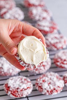 a hand holding a powdered sugar cookie over a cooling rack full of red velvet cookies