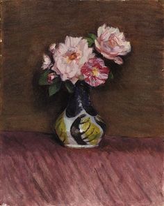 a painting of pink flowers in a black and white vase on a brown tablecloth