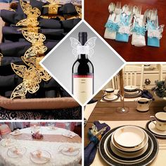 a collage of pictures with wine, plates and napkins