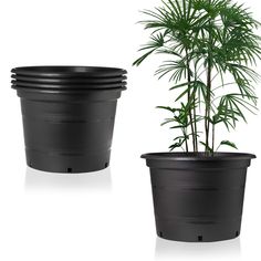 two black plastic planters sitting next to each other