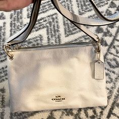 Preloved In Excellent Condition Coach Crossbody Bag In Grain Eggshell White Leather With Gold Hardware Will Package With Care Final Sale. No Returns Or Exchange White Textured Leather Crossbody Shoulder Bag, White Textured Leather Bags For On-the-go, White Textured Leather Coach Bag, Coach White Textured Leather Bag, Eggshell White, Bags Coach, Coach Crossbody, Coach Crossbody Bag, Egg Shells