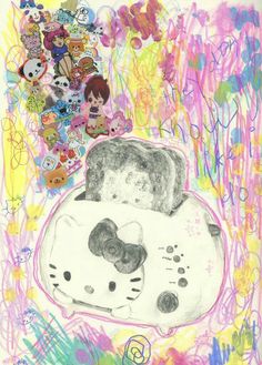 a drawing of hello kitty and her kitten friend in a toaster surrounded by other items