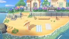 the animal crossing game is being played on an island with houses and trees in the background