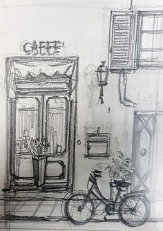 a drawing of a bicycle parked in front of a building with a cafe sign on it