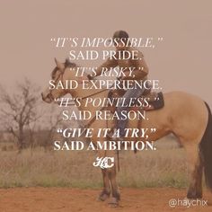 a man riding on the back of a brown horse next to a dry grass field