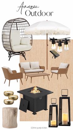 New Amazon Outdoor furniture & decor. Affordable patio sets, lights, rugs and accessories. Modern & neutral style. Egg chair and fire pit Patio 2023, Backyard Vibes, Backyard Table, Outside Fire Pits, Porch Outdoor, Modern Fire Pit, Balcony Chairs, Patio Sets, Patio Inspiration